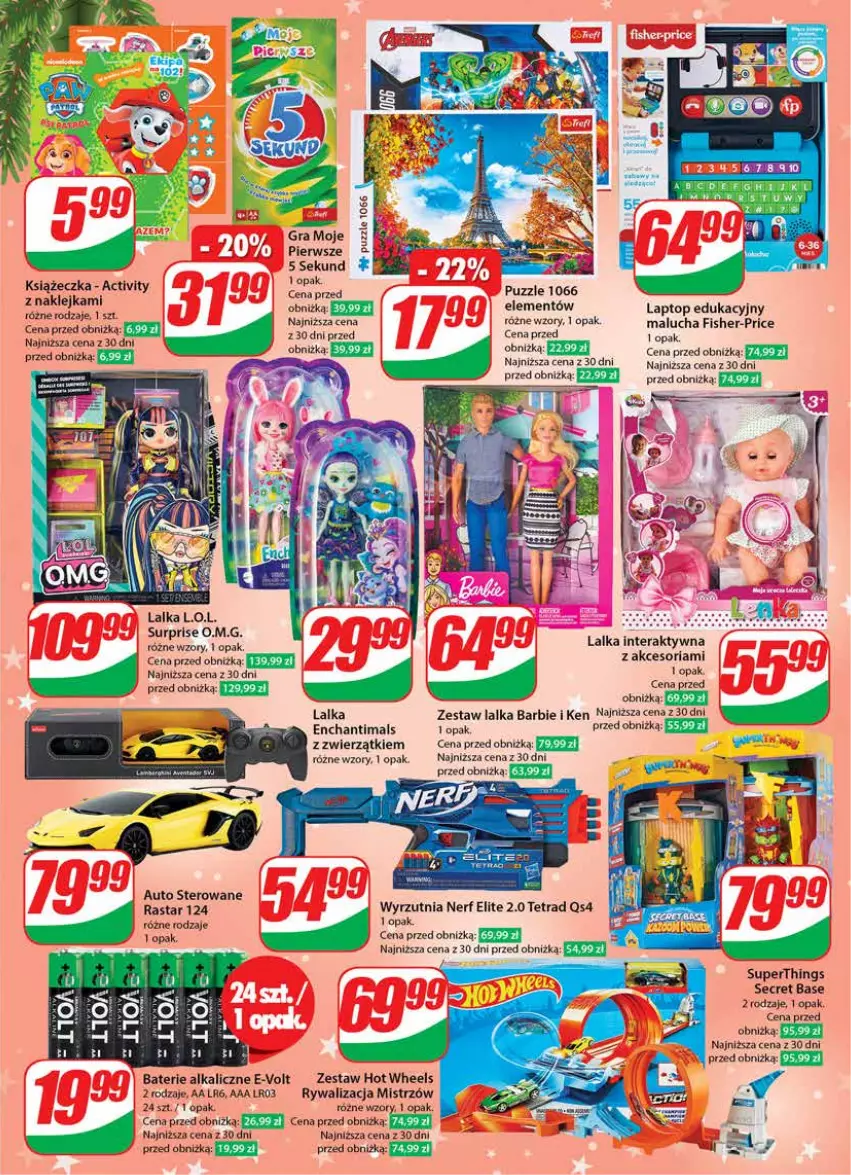 Gazetka promocyjna Dino - Gazetka 51 - ważna 20.12 do 23.12.2023 - strona 23 - produkty: 5 Sekund, Barbie, Baterie alkaliczne, Enchantimals, Gra, Hot Wheels, Klej, L.O.L., Lalka, Lalka interaktywna, Nerf, Puzzle, Tera, Wyrzutnia