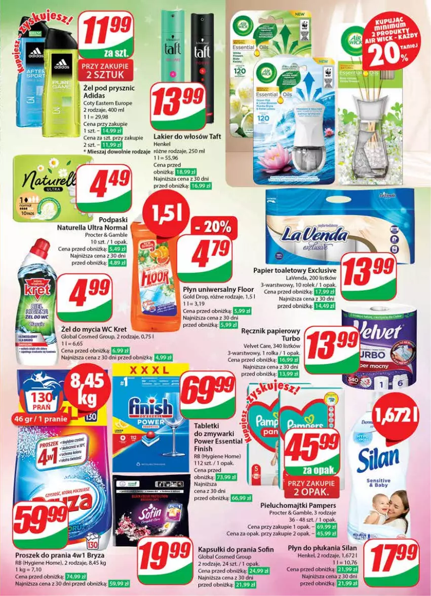 Gazetka promocyjna Dino - Gazetka 51 - ważna 20.12 do 23.12.2023 - strona 27 - produkty: Adidas, Bryza, Finish, Frozen, Kapsułki do prania, Kret, Lakier, Lakier do włosów, Majtki, Naturell, Naturella, Pampers, Papier, Papier toaletowy, Pieluchomajtki, Płyn do płukania, Proszek do prania, Ręcznik, Silan, Tablet, Tabletki do zmywarki, Taft, Velvet, Zmywarki