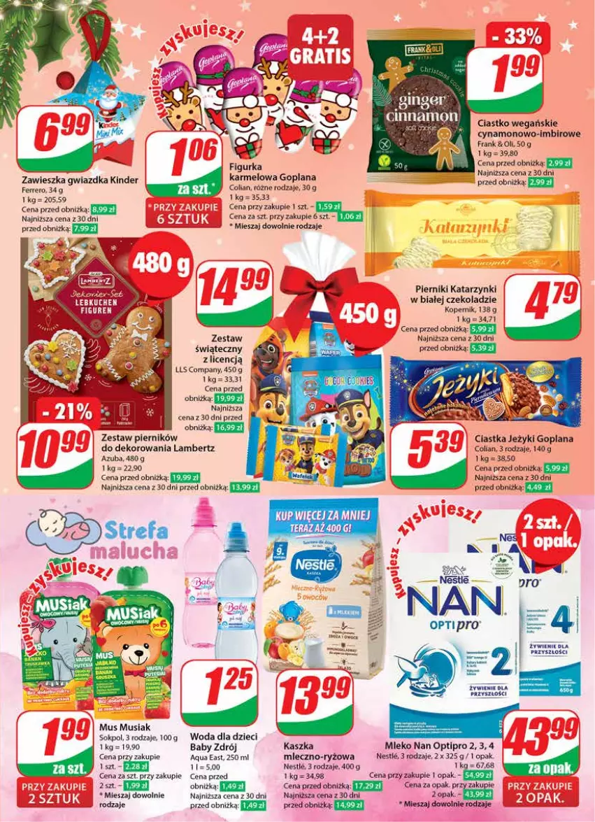 Gazetka promocyjna Dino - Gazetka 51 - ważna 20.12 do 23.12.2023 - strona 5 - produkty: Ciastka, Dzieci, Fa, Ferrero, Goplana, Imbir, Jeżyki, Kinder, LANA, Mleko, Mus, NAN Optipro, Owoce, Piernik, Ryż, Sok, Tera, Woda