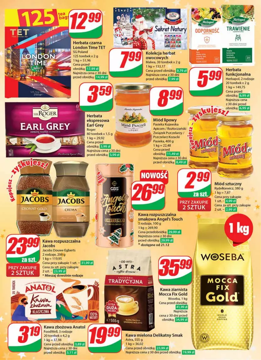 Gazetka promocyjna Dino - Gazetka 51 - ważna 20.12 do 23.12.2023 - strona 6 - produkty: Earl Grey, Herbapol, Herbata, Herbata czarna, Jacobs, Kawa, Kawa mielona, Kawa rozpuszczalna, Kawa zbożowa, Kawa ziarnista, Kret, Miód, Mocca Fix Gold, Woseba