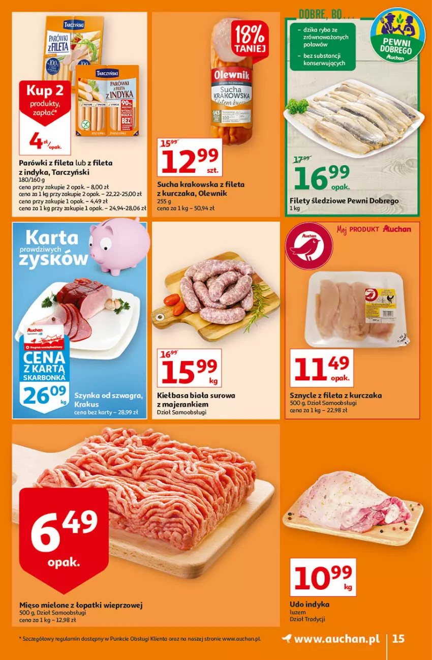 Gazetka promocyjna Auchan - przeNISKIE CENY na 1001 drobiazgów Hipermarkety - ważna 04.02 do 09.02.2022 - strona 15 - produkty: Kiełbasa, Kiełbasa biała, Krakus, Kurczak, Mięso, Mięso mielone, Mięso mielone z łopatki wieprzowej, Olewnik, Parówki, Ser, Tarczyński