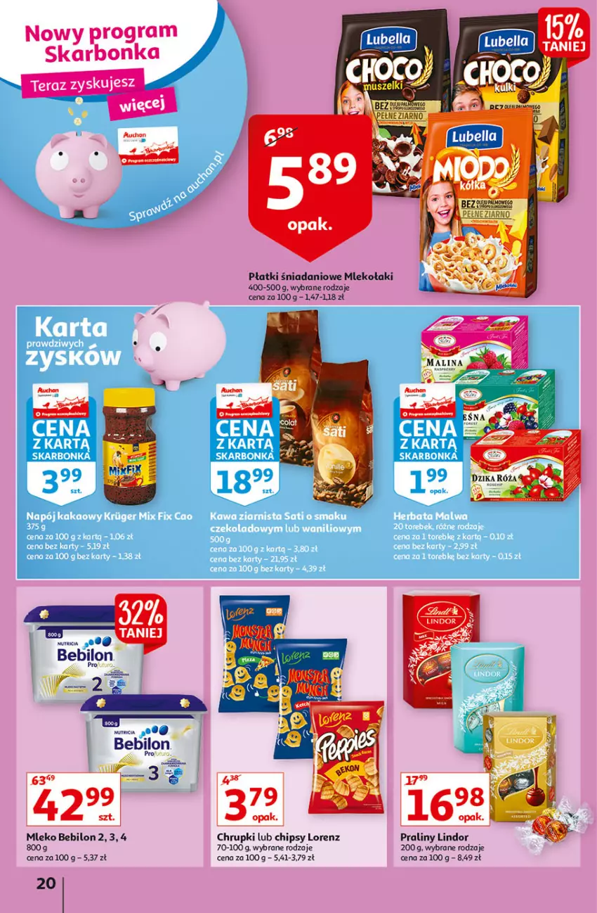 Gazetka promocyjna Auchan - przeNISKIE CENY na 1001 drobiazgów Hipermarkety - ważna 04.02 do 09.02.2022 - strona 20 - produkty: BEBILON, Chipsy, Chrupki, Danio, Lindor, Lorenz, Mleko, Mleko Bebilon, Praliny