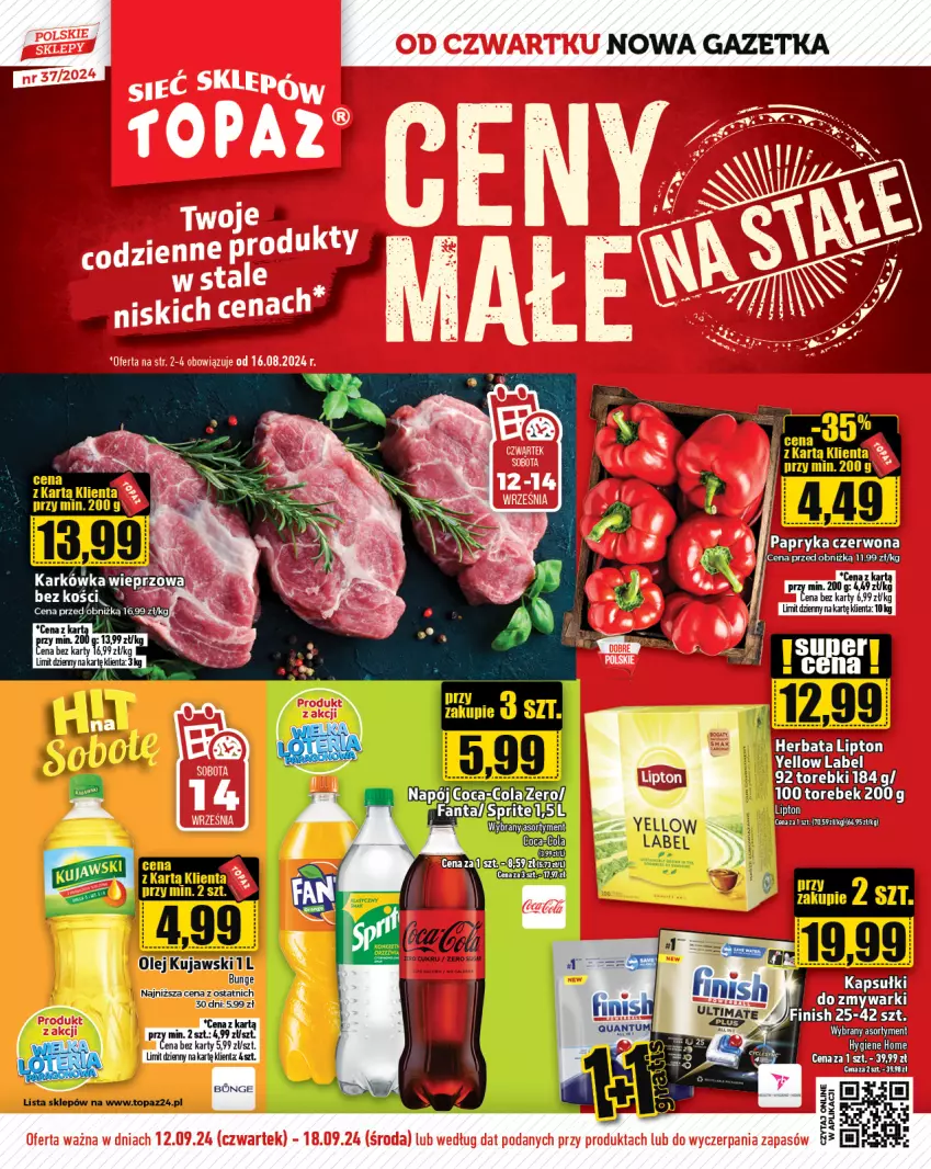 Gazetka promocyjna Topaz - Gazetka - ważna 12.09 do 18.09.2024 - strona 1 - produkty: Karkówka wieprzowa, Kujawski, Olej, Papryka, Papryka czerwona, Top