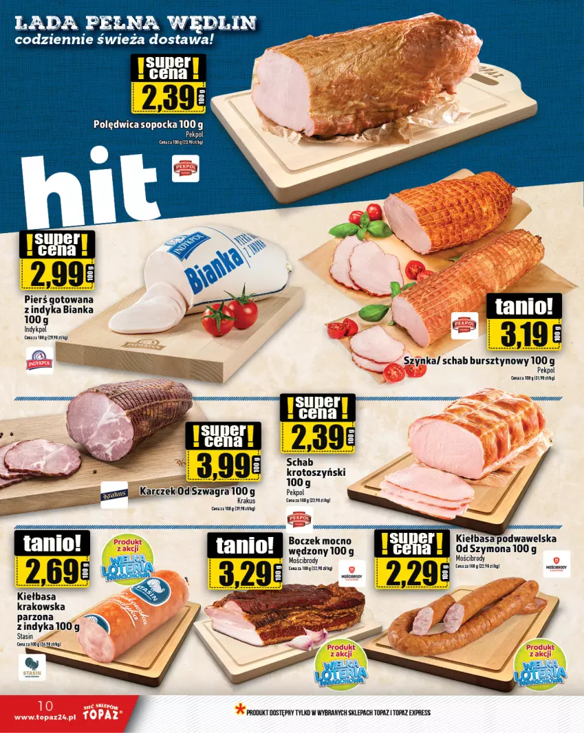 Gazetka promocyjna Topaz - Gazetka - ważna 12.09 do 18.09.2024 - strona 10 - produkty: Bianka, Boczek, Bursztyn, Gra, Kiełbasa, Kiełbasa krakowska, Kiełbasa podwawelska, Krakus, Pekpol, Polędwica, Por, Szynka, Top, Wawel