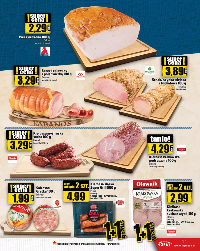 Gazetka promocyjna Topaz - Gazetka - ważna 12.09 do 18.09.2024 - strona 11 - produkty: Boczek, Gra, Kiełbasa, Kiełbasa krakowska, Kiełbasa śląska, Olewnik, Pekpol, Sok, Sokołów, Szynka, Top