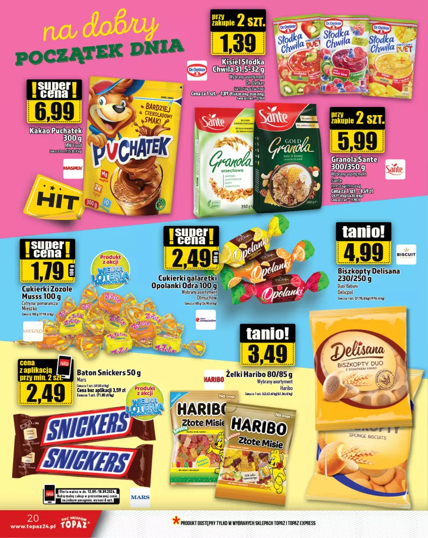 Gazetka promocyjna Topaz - Gazetka - ważna 12.09 do 18.09.2024 - strona 20 - produkty: Babuni, Baton, Biszkopty, Cukier, Cukierki, Gala, Gra, Granola, Haribo, Isana, Kakao, Sante, Snickers, Top