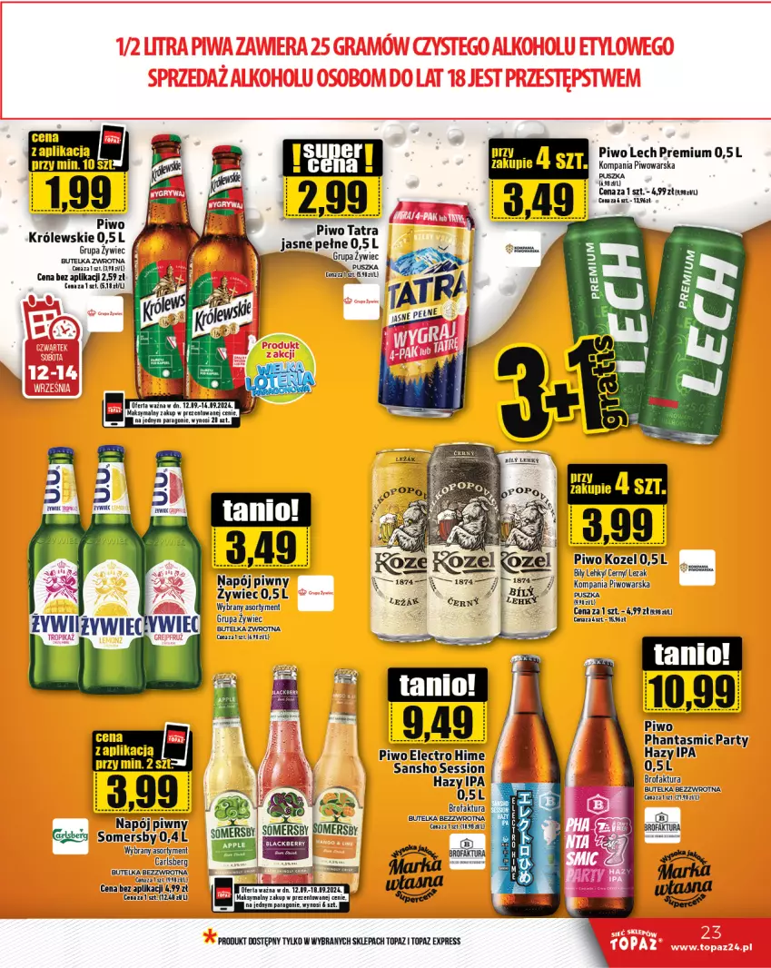 Gazetka promocyjna Topaz - Gazetka - ważna 12.09 do 18.09.2024 - strona 23 - produkty: Carlsberg, Fa, Kozel, Królewski, Lech Premium, Napój, Piwo, SESSIO, Somersby, Top