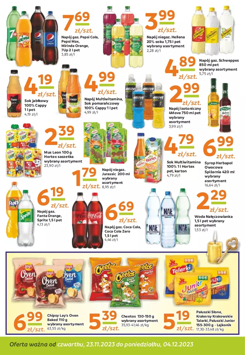 Gazetka promocyjna Gama - Gazetka Gama - ważna 04.12.2023 do 23.11.2024 - strona 10 - produkty: 7up, Cappy, Cheetos, Chipsy, Fa, Fanta, Hellena, Herbapol, Hortex, Krakersy, Lajkonik, Leon, Mirinda, Mus, Nałęczowianka, Napój, Napój izotoniczny, Pepsi, Pepsi max, Schweppes, Sok, Sok jabłkowy, Sok pomarańczowy, Sprite, Syrop, Woda