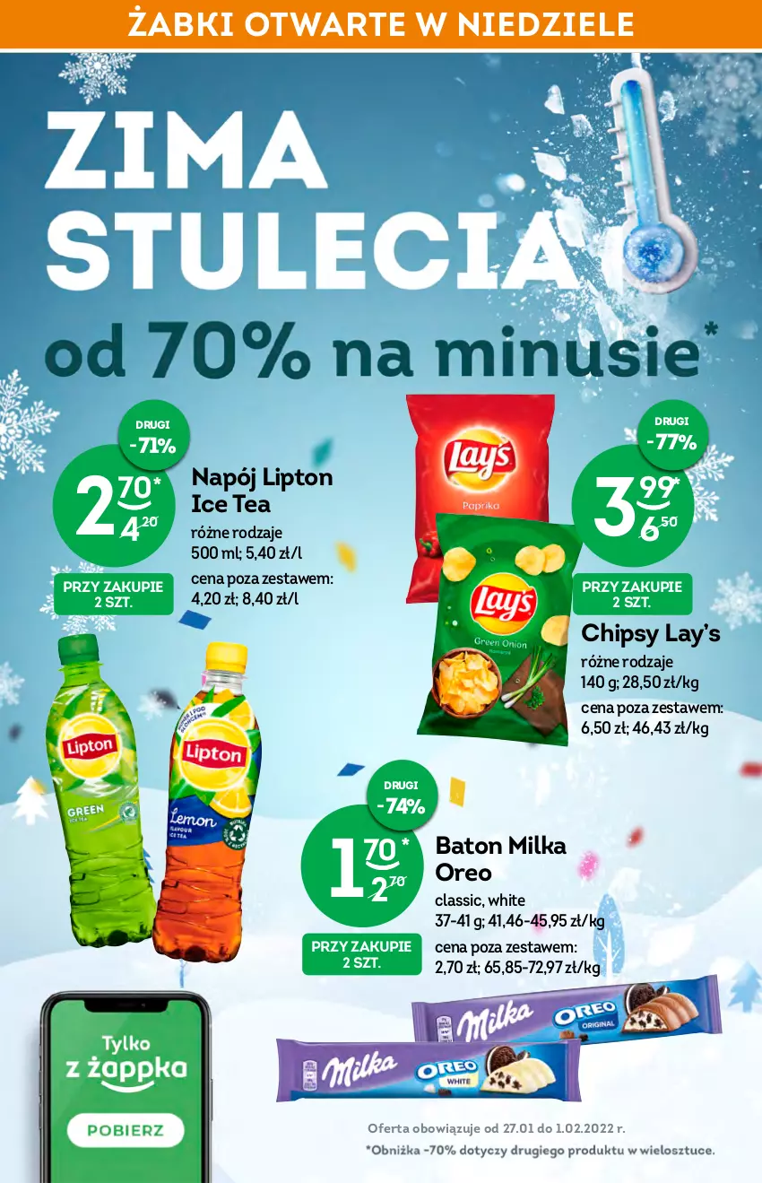 Gazetka promocyjna Żabka - ważna 27.01 do 01.02.2022 - strona 6 - produkty: Baton, Chipsy, Ice tea, Lay’s, Lipton, Milka, Napój, Oreo