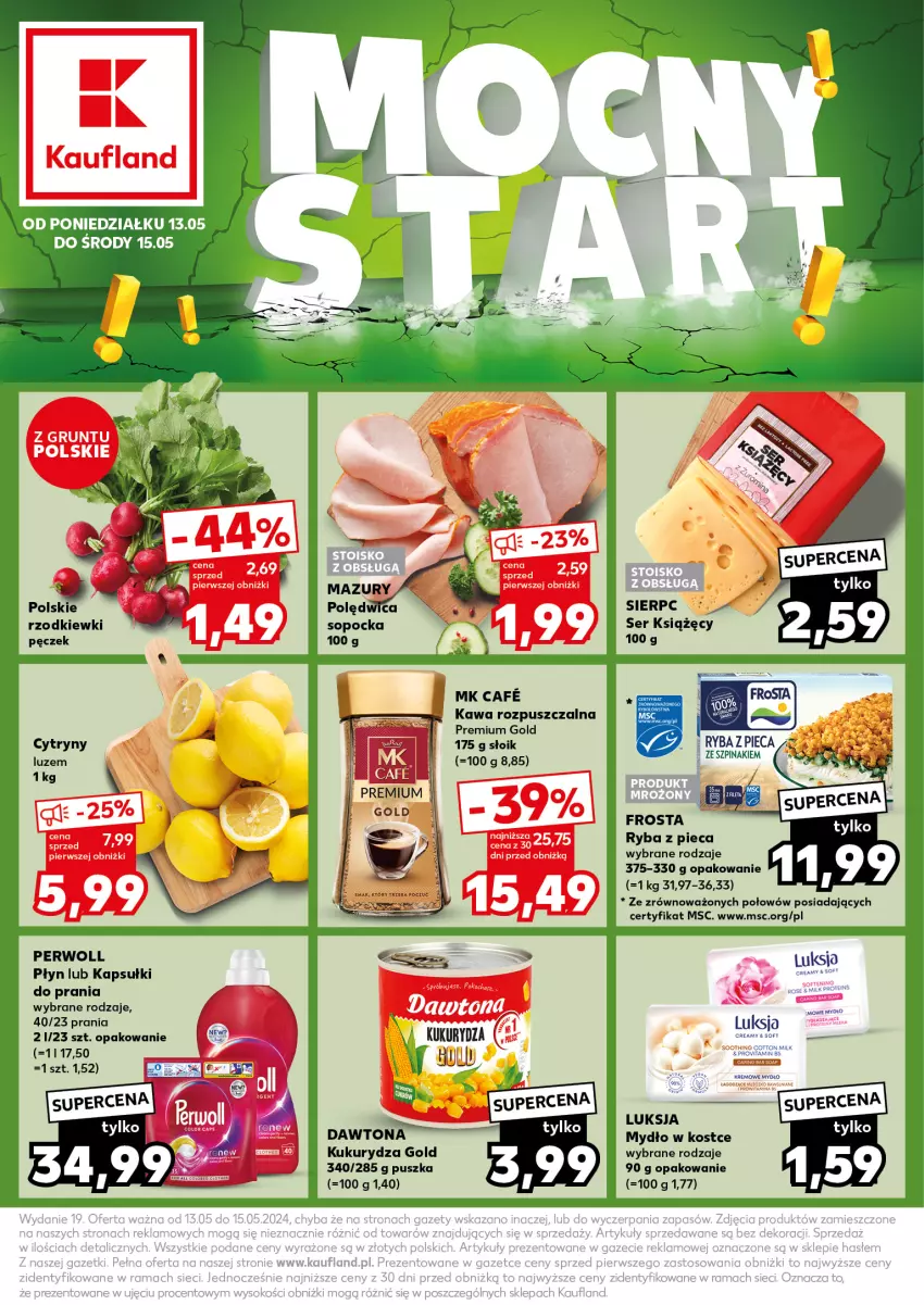 Gazetka promocyjna Kaufland - Kaufland - ważna 13.05 do 15.05.2024 - strona 1 - produkty: Dawtona, Frosta, Grunt, Kapsułki do prania, Kawa, Kawa rozpuszczalna, Kukurydza, Luksja, Mydło, Perwoll, Piec, Ryba