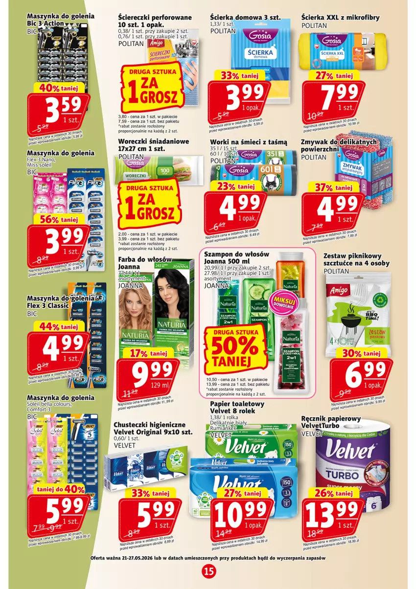 Gazetka promocyjna Prim Market - ważna 21.05 do 27.05.2026 - strona 15 - produkty: Bell, Bella, BIC, Chusteczki, Danio, Fa, Gin, Joanna, Maszynka, Maszynka do golenia, Papier, Papier toaletowy, Por, Szynka, Velvet, Worki na śmiec, Worki na śmieci