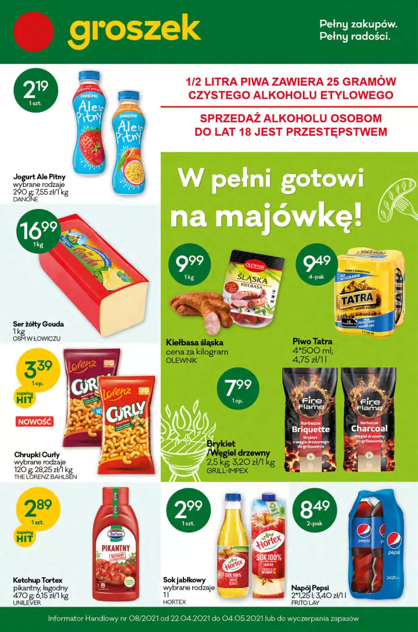 Gazetka promocyjna Groszek - Gazetka - ważna 22.04 do 04.05.2021 - strona 1 - produkty: Chrupki, Danone, Gouda, Gra, Hortex, Jogurt, Ketchup, Kiełbasa, Kiełbasa śląska, LG, Lorenz, Napój, Olewnik, Pepsi, Piwo, Sok, Sok jabłkowy, Tatra, Węgiel drzewny