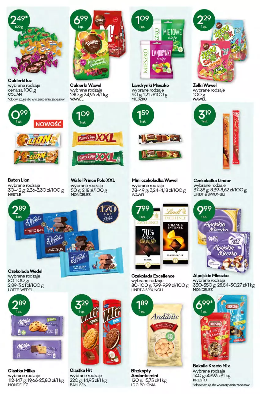 Gazetka promocyjna Groszek - Gazetka - ważna 22.04 do 04.05.2021 - strona 9 - produkty: Baton, Biszkopty, Ciastka, Cukier, Cukierki, Czekolada, Lindor, Lindt, Lion, Milka, Mleczko, Prince Polo, Wawel