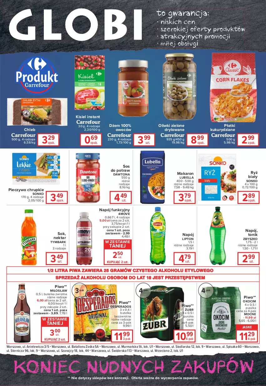 Gazetka promocyjna Carrefour - Gazetka Globi - ważna 25.01 do 31.01.2022 - strona 2 - produkty: Bell, Bella, Chleb, Chrupki, Dawtona, Desperados, Dżem, Gra, Kisiel, Koc, Kosz, Lion, Lipton, Lubella, Makaron, Napój, Nektar, Okocim, Oliwki, Oliwki zielone, Piec, Pieczywo, Pieczywo chrupkie, Piwa, Piwo, Ryż, Ryż biały, Sok, Sonko, Sos, Tonik, Tymbark