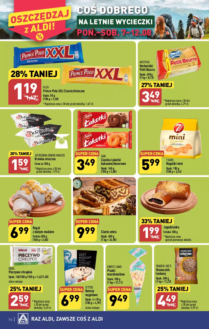 Gazetka promocyjna Aldi - Pełna oferta - ważna 07.08 do 12.08.2023 - strona 14 - produkty: 7 Days, Baton, Chrupki, Ciastka, Deser, Herbatniki, Herbatniki Petit Beurre, Jagodzianka, Jutrzenka, Kakao, Mars, Piec, Pieczywo, Pieczywo chrupkie, Prince Polo, Rogal, Ser