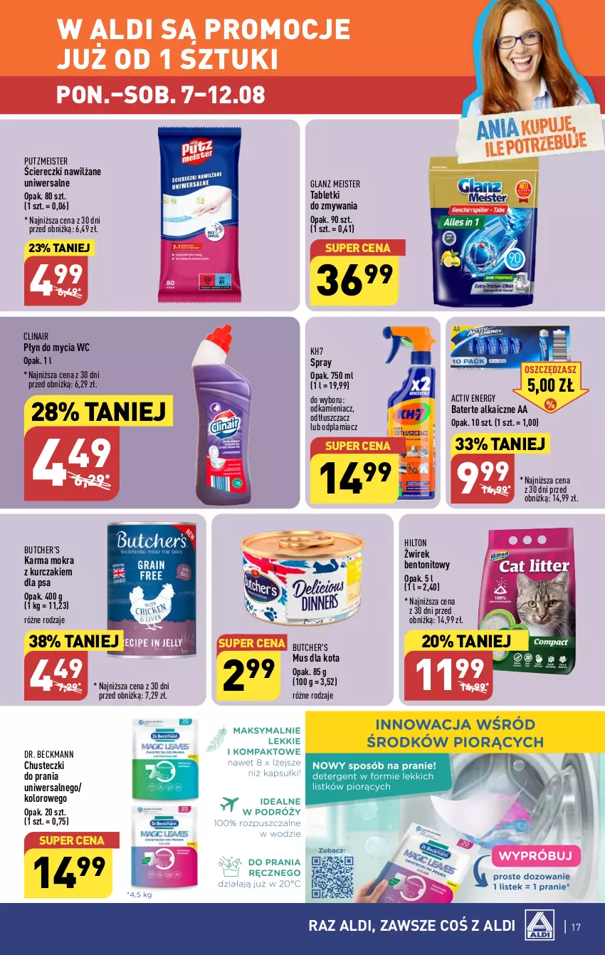 Gazetka promocyjna Aldi - Pełna oferta - ważna 07.08 do 12.08.2023 - strona 17 - produkty: Butcher's, Chusteczki, Chusteczki do prania, Clin, Kurczak, Mus, Odkamieniacz, Odplamiacz, Odtłuszczacz, Płyn do mycia, Putzmeister, Tablet