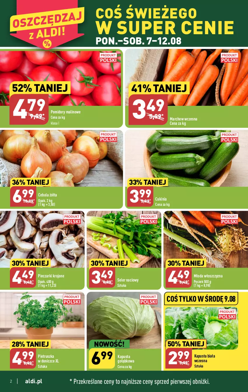 Gazetka promocyjna Aldi - Pełna oferta - ważna 07.08 do 12.08.2023 - strona 2 - produkty: Cebula, Piec, Pieczarki krojone, Pietruszka, Pomidory, Seler naciowy, Włoszczyzna pęczek