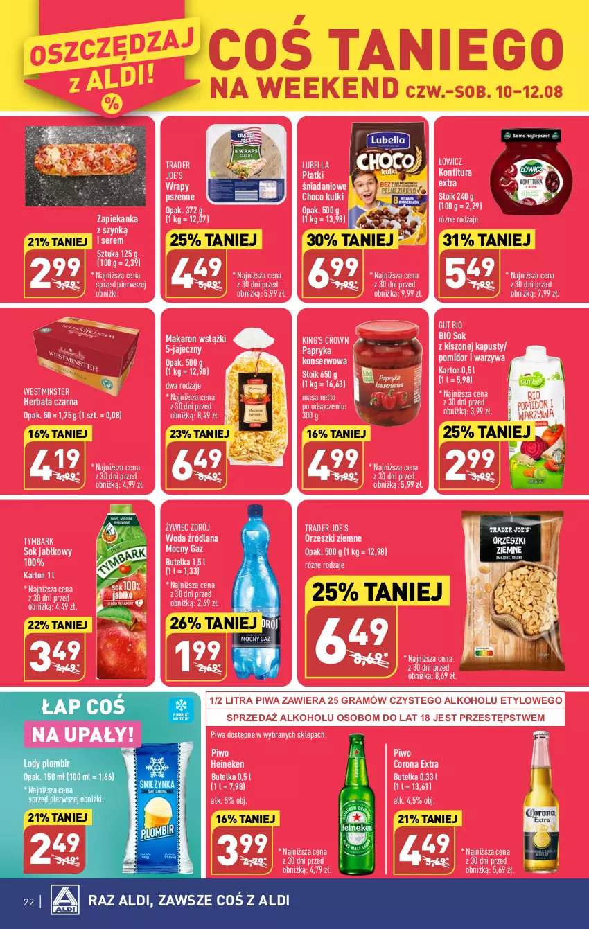 Gazetka promocyjna Aldi - Pełna oferta - ważna 07.08 do 12.08.2023 - strona 22 - produkty: Bell, Bella, Corona Extra, Danio, Gra, Heineken, Herbata, Herbata czarna, Konfitura, LANA, Lody, Lubella, Makaron, Orzeszki, Orzeszki ziemne, Papryka, Piwa, Piwo, Ser, Sok, Sok jabłkowy, Tymbark, Warzywa, Woda, Zapiekanka