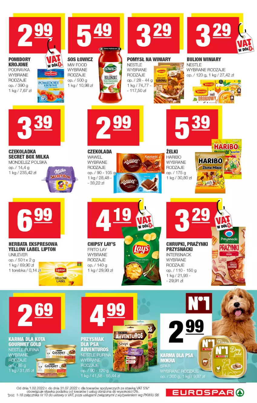 Gazetka promocyjna Spar - EuroSpar - ważna 15.05 do 25.05.2022 - strona 11 - produkty: Adventuros, Bulion, Chipsy, Chrupki, Czekolada, Haribo, Herbata, Lion, Lipton, Milka, Podravka, Pomidory, Przysnacki, Pur, Purina, Rosół, Sok, Sos, Torebka, Wawel, Winiary