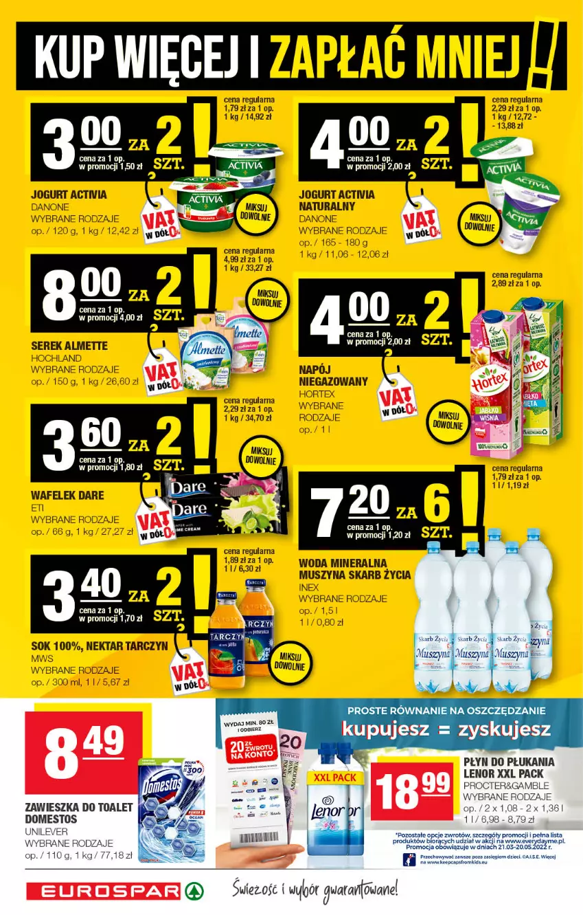 Gazetka promocyjna Spar - EuroSpar - ważna 15.05 do 25.05.2022 - strona 4 - produkty: Activia, Almette, Danone, Domestos, Dzieci, Hochland, Hortex, Jogurt, Lenor, Mus, Napój, Nektar, Płyn do płukania, Ser, Serek, Sok, Szyna, Top, Wafelek, Woda, Woda mineralna