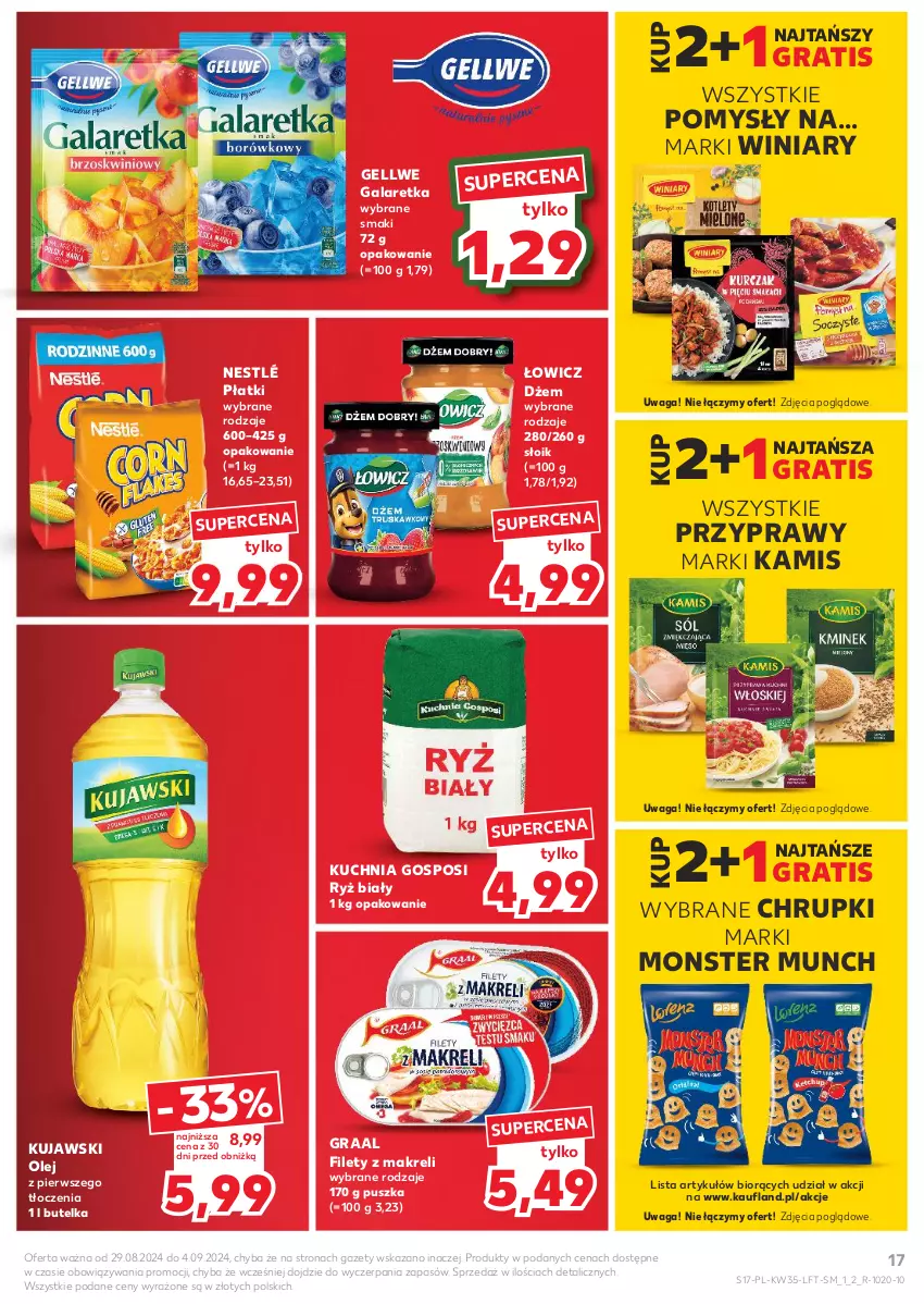 Gazetka promocyjna Kaufland - Gazetka tygodnia - ważna 29.08 do 04.09.2024 - strona 17 - produkty: Chrupki, Dżem, Gala, Galaretka, Gra, Graal, Kamis, Kuchnia, Kujawski, Monster Munch, Nestlé, Olej, Przyprawy, Ryż, Ryż biały, Waga, Winiary