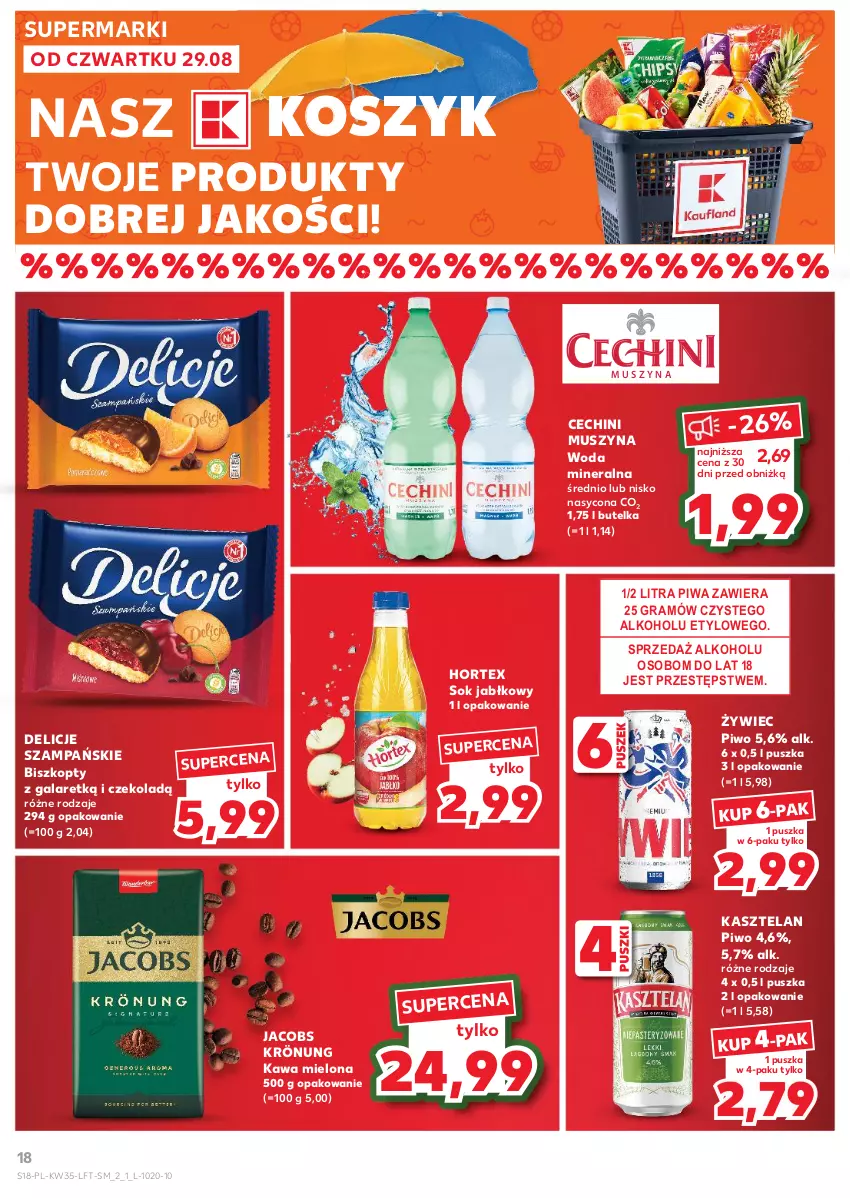 Gazetka promocyjna Kaufland - Gazetka tygodnia - ważna 29.08 do 04.09.2024 - strona 18 - produkty: Biszkopty, Delicje, Gala, Gra, Hortex, Jacobs, Jacobs Krönung, Kasztelan, Kawa, Kawa mielona, Kosz, Mus, O nas, Piwa, Piwo, Sok, Sok jabłkowy, Szyna, Woda, Woda mineralna