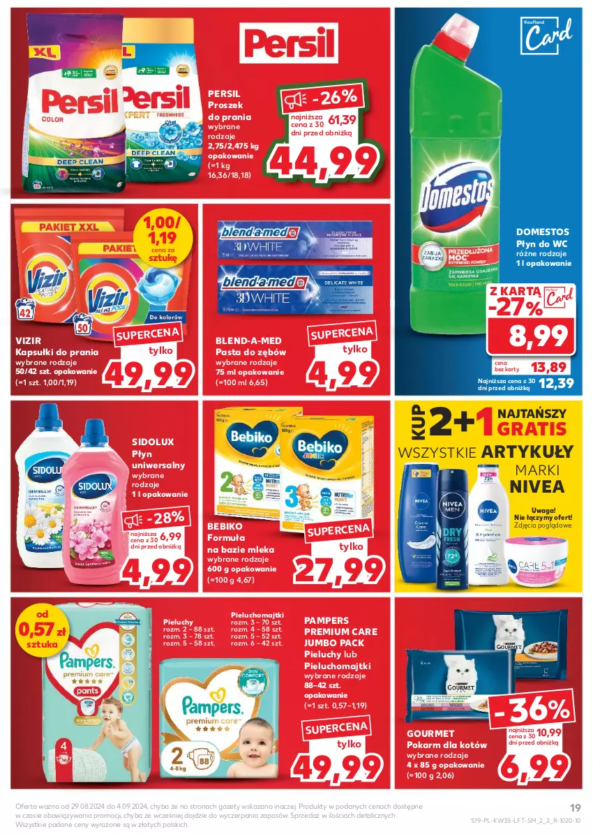 Gazetka promocyjna Kaufland - Gazetka tygodnia - ważna 29.08 do 04.09.2024 - strona 19 - produkty: Bebiko, Blend-a-Med, Domestos, Gra, Kapsułki do prania, Majtki, Nivea, Pampers, Pasta do zębów, Persil, Pieluchomajtki, Pieluchy, Płyn do wc, Proszek do prania, Sidolux, Vizir, Waga