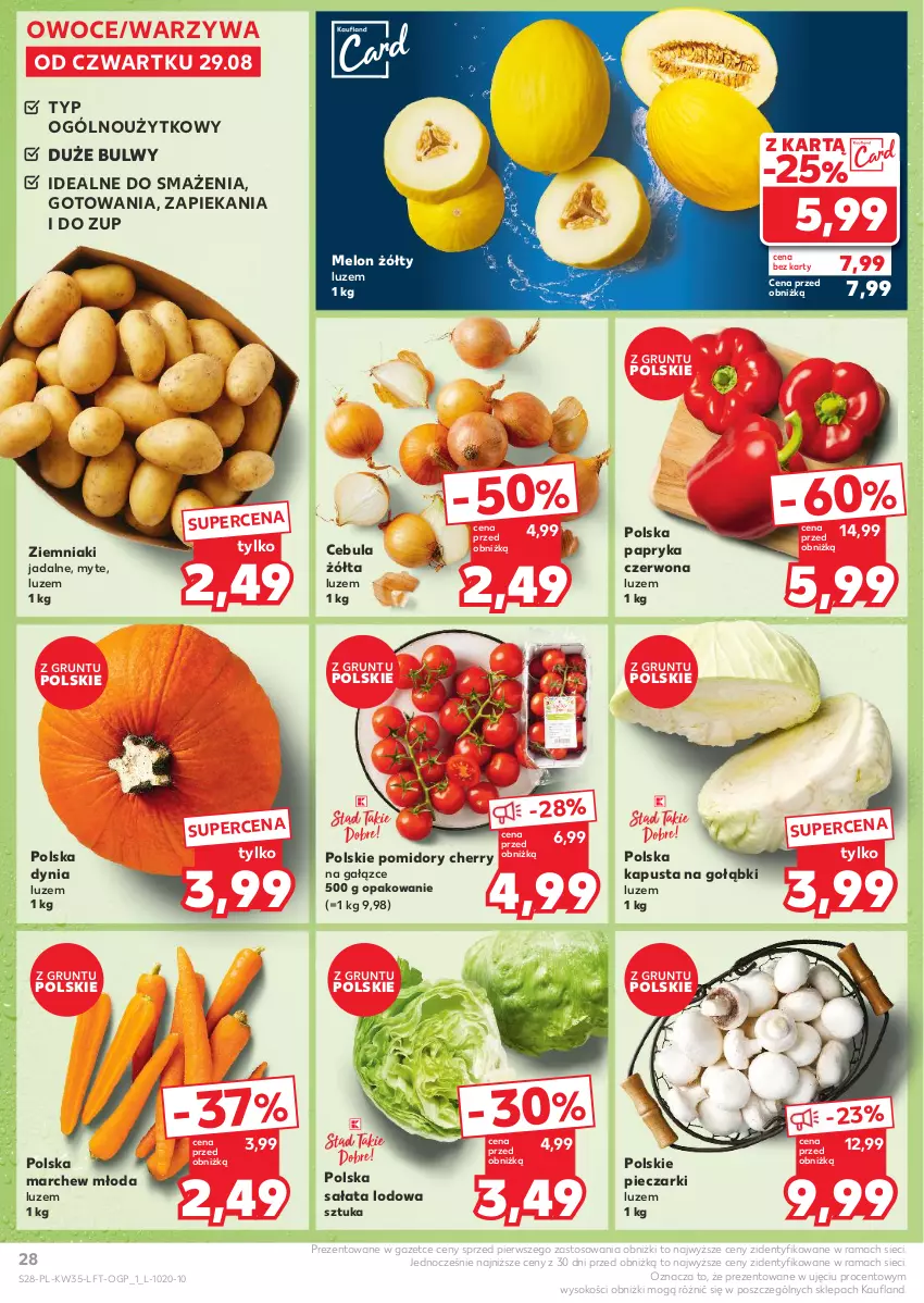 Gazetka promocyjna Kaufland - Gazetka tygodnia - ważna 29.08 do 04.09.2024 - strona 28 - produkty: Cebula, Grunt, Melon, Owoce, Papryka, Papryka czerwona, Piec, Pomidory, Rama, Sałat, Sałata lodowa, Sok, Warzywa, Ziemniaki