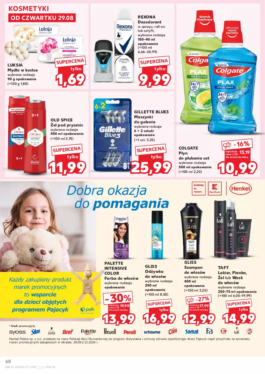 Gazetka promocyjna Kaufland - Gazetka tygodnia - ważna 29.08 do 04.09.2024 - strona 68 - produkty: Colgate, Dezodorant, Fa, Farba do włosów, Gillette, Lakier, LG, Luksja, Mydło, Odżywka, Old Spice, Palette, Płyn do płukania, Rexona, Szampon, Taft