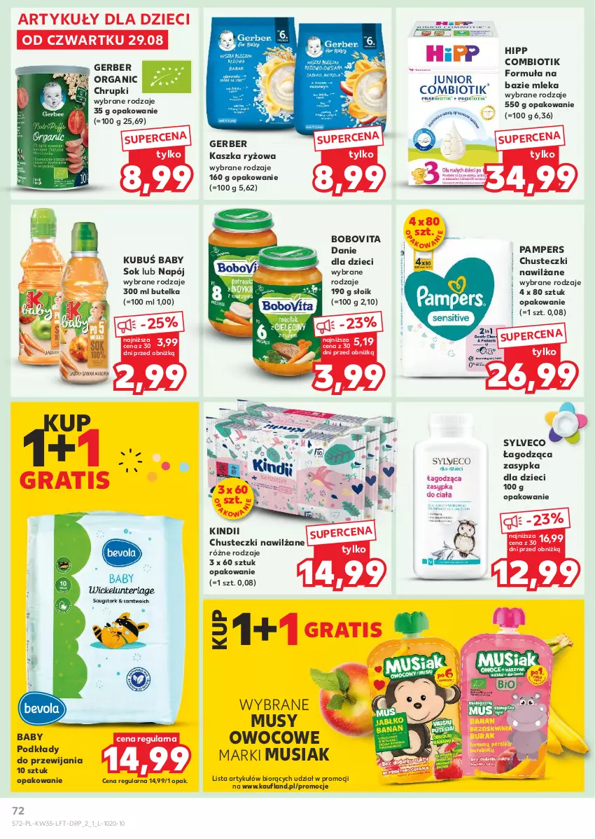 Gazetka promocyjna Kaufland - Gazetka tygodnia - ważna 29.08 do 04.09.2024 - strona 72 - produkty: BoboVita, Chrupki, Chusteczki, Danie dla dzieci, Dzieci, Gerber, Gra, HiPP, Kindii, Kubuś, Mus, Napój, Pampers, Podkład, Ryż, Sok