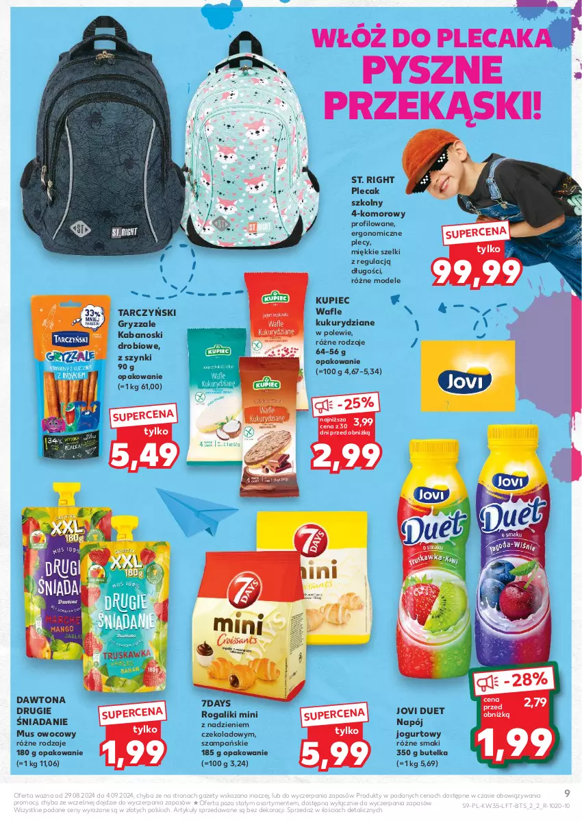 Gazetka promocyjna Kaufland - Gazetka tygodnia - ważna 29.08 do 04.09.2024 - strona 9 - produkty: Dawtona, Gry, Jogurt, Kabanos, Kupiec, Mus, Napój, Napój jogurtowy, Piec, Plecak, Rogal, Tarczyński, Wafle