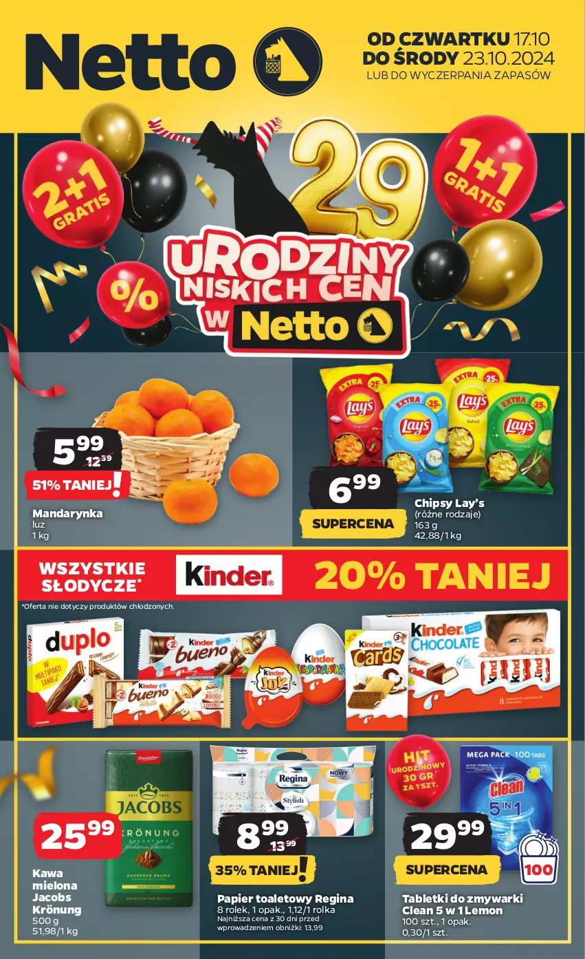 Gazetka promocyjna Netto - Artykuły spożywcze - ważna 17.10 do 23.10.2024 - strona 1 - produkty: Chipsy, Gin, Jacobs, Jacobs Krönung, Kawa, Kawa mielona, Lay’s, Papier, Papier toaletowy, Tablet, Tabletki do zmywarki, Zmywarki