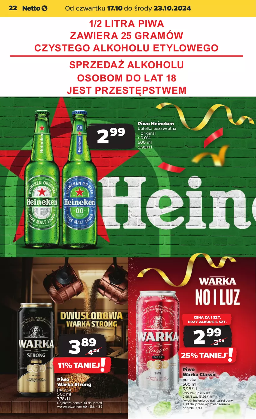 Gazetka promocyjna Netto - Artykuły spożywcze - ważna 17.10 do 23.10.2024 - strona 22 - produkty: Gin, Gra, Heineken, Piwa, Piwo, Warka