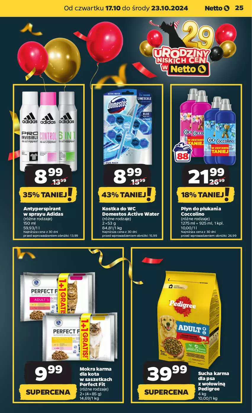 Gazetka promocyjna Netto - Artykuły spożywcze - ważna 17.10 do 23.10.2024 - strona 25 - produkty: Adidas, Antyperspirant, Coccolino, Domestos, Kostka do wc, Mokra karma, Pedigree, Płyn do płukania, Sucha karma