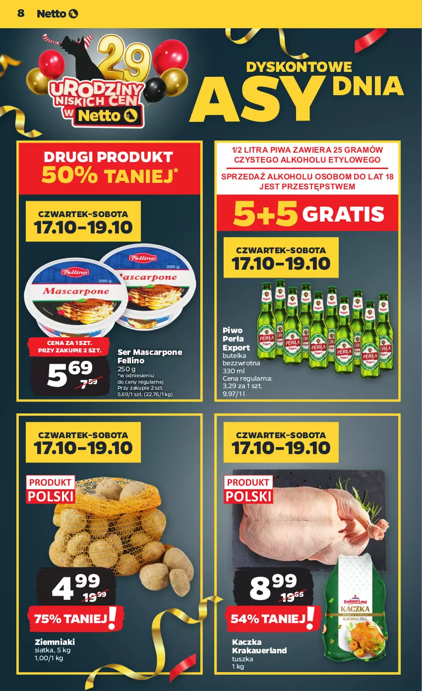 Gazetka promocyjna Netto - Artykuły spożywcze - ważna 17.10 do 23.10.2024 - strona 8 - produkty: Gra, Kaczka, Mascarpone, Perła, Piwa, Piwo, Por, Ser, Siatka, Tusz, Ziemniaki