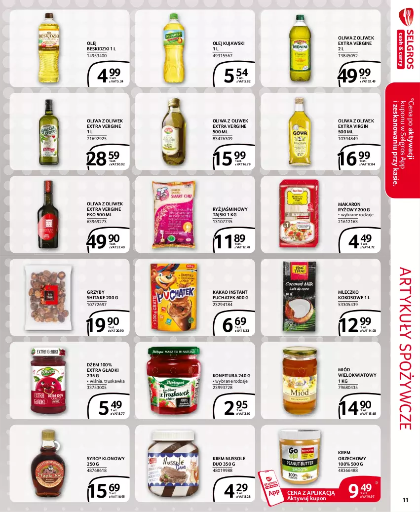 Gazetka promocyjna Selgros - Extra Oferta - ważna 01.04 do 30.04.2021 - strona 11 - produkty: Artykuły spożywcze, Beskidzki, Dżem, Gin, Grzyby, Kakao, Kokos, Konfitura, Krem orzechowy, Kujawski, LG, Makaron, Makaron ryżowy, Miód, Mleczko, Olej, Oliwa z oliwek, Ryż, Syrop