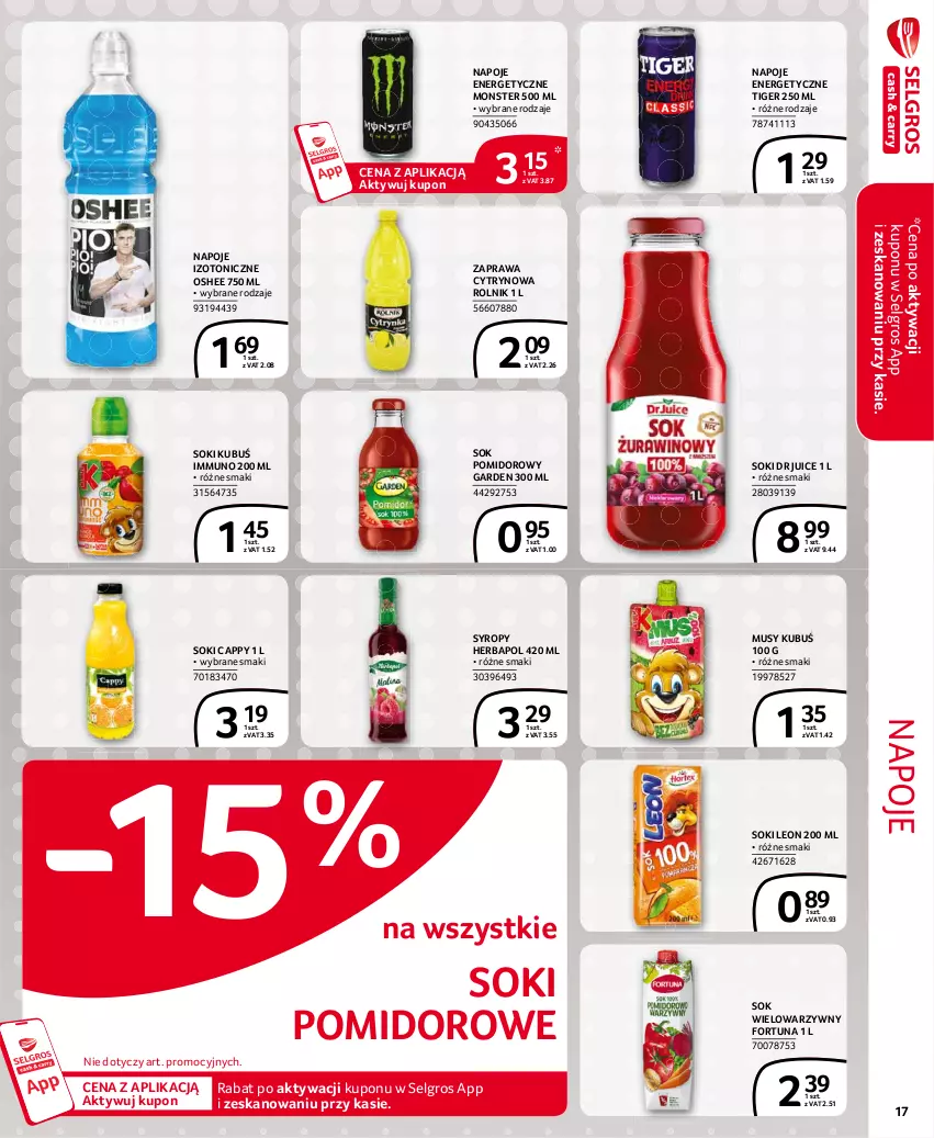 Gazetka promocyjna Selgros - Extra Oferta - ważna 01.04 do 30.04.2021 - strona 17 - produkty: Cappy, Fortuna, Herbapol, Kubuś, Leon, LG, Mus, Napoje, Oshee, Rolnik, Sok, Sok pomidorowy, Syrop, Syropy, Tiger