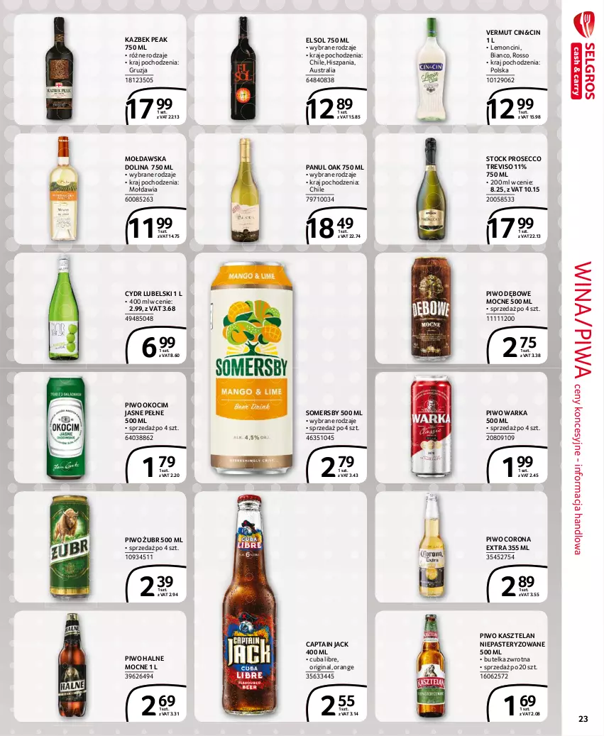 Gazetka promocyjna Selgros - Extra Oferta - ważna 01.04 do 30.04.2021 - strona 23 - produkty: Captain Jack, Corona Extra, Gin, Kasztelan, Koc, Okocim, Piwa, Piwo, Prosecco, Somersby, Stock, Warka