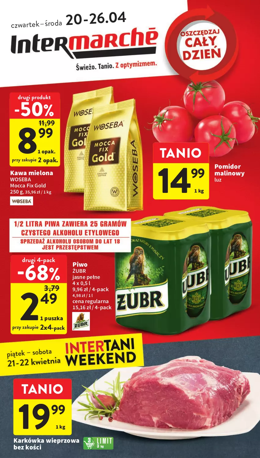 Gazetka promocyjna Intermarche - Gazetka Intermarche - ważna 20.04 do 26.04.2023 - strona 1 - produkty: Karkówka wieprzowa, Kawa, Kawa mielona, Mocca Fix Gold, Piwo, Pomidor malinowy, Woseba