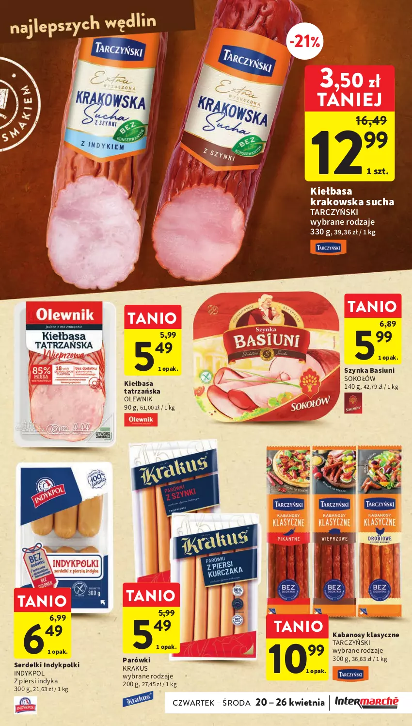 Gazetka promocyjna Intermarche - Gazetka Intermarche - ważna 20.04 do 26.04.2023 - strona 15 - produkty: Kabanos, Kiełbasa, Kiełbasa krakowska, Krakus, Olewnik, Parówki, Ser, Serdelki, Sok, Sokołów, Szynka, Tarczyński