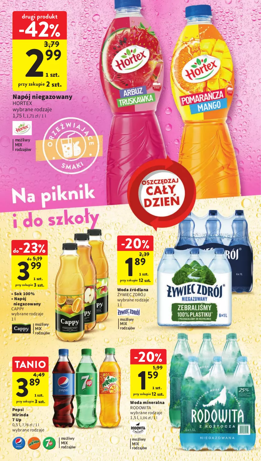 Gazetka promocyjna Intermarche - Gazetka Intermarche - ważna 20.04 do 26.04.2023 - strona 28 - produkty: Cappy, Hortex, LANA, Mirinda, Napój, Napój niegazowany, Pepsi, Sok, Woda, Woda mineralna