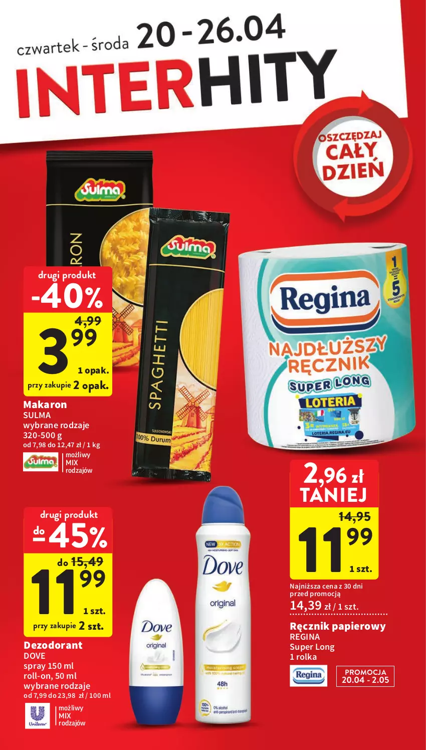 Gazetka promocyjna Intermarche - Gazetka Intermarche - ważna 20.04 do 26.04.2023 - strona 4 - produkty: Dezodorant, Dove, Gin, Makaron, Papier, Ręcznik