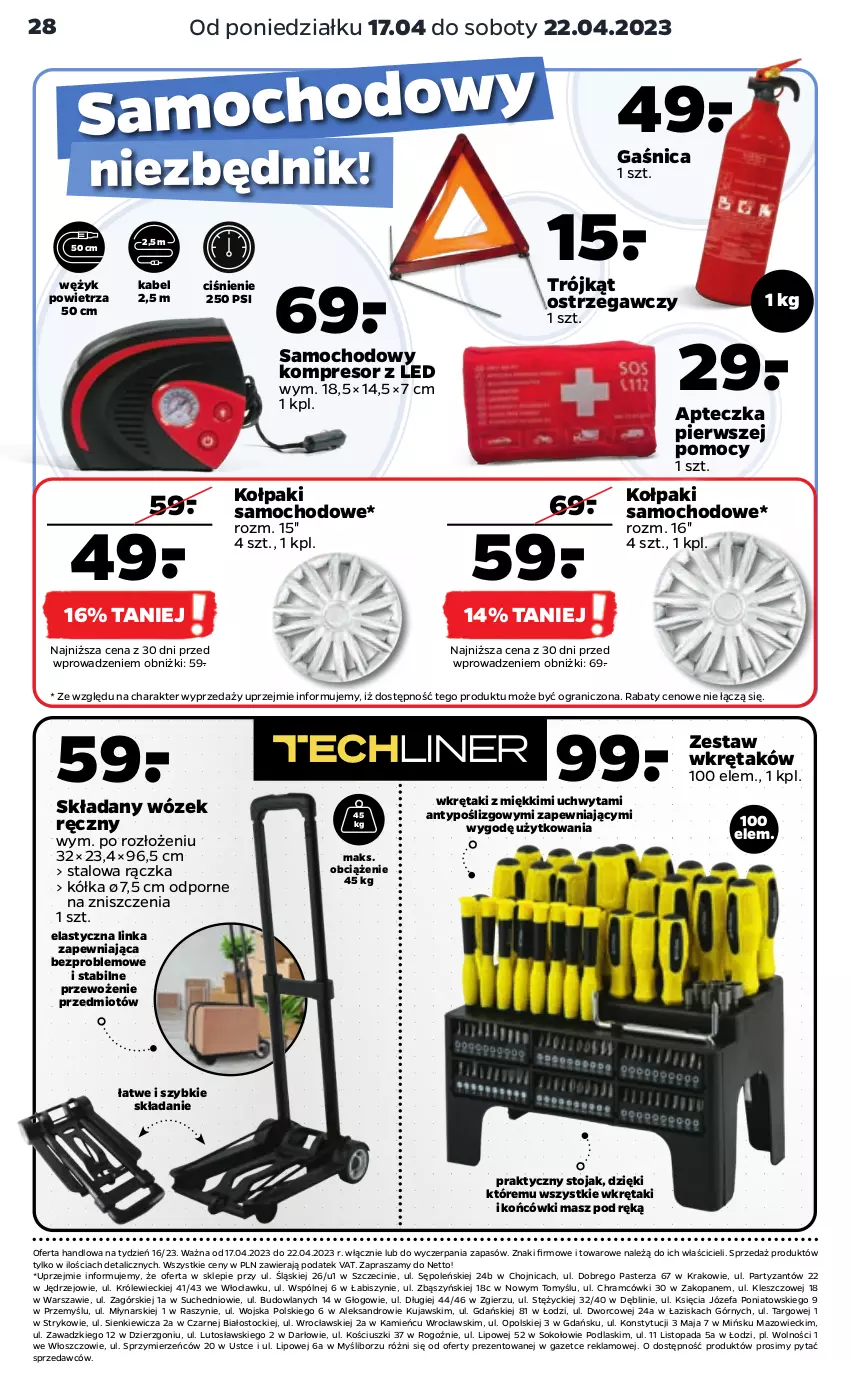 Gazetka promocyjna Netto - Akcesoria i dodatki - ważna 17.04 do 22.04.2023 - strona 3 - produkty: Fa, Gaśnica, Gra, Inka, Kołpak, Kompresor, Kujawski, Podlaski, Por, Sok, Stock, Stojak, Top, Trójkąt ostrzegawczy, Wkręt, Wózek, Zestaw wkrętaków