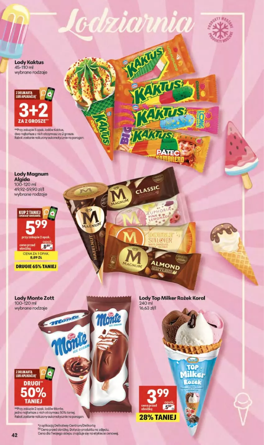 Gazetka promocyjna Delikatesy Centrum - Franczyza DC19 Czwartek - ważna 07.05 do 13.05.2026 - strona 42 - produkty: Algida, Kaktus, Koc, LG, Lody, Monte, Rum, Top, Zott