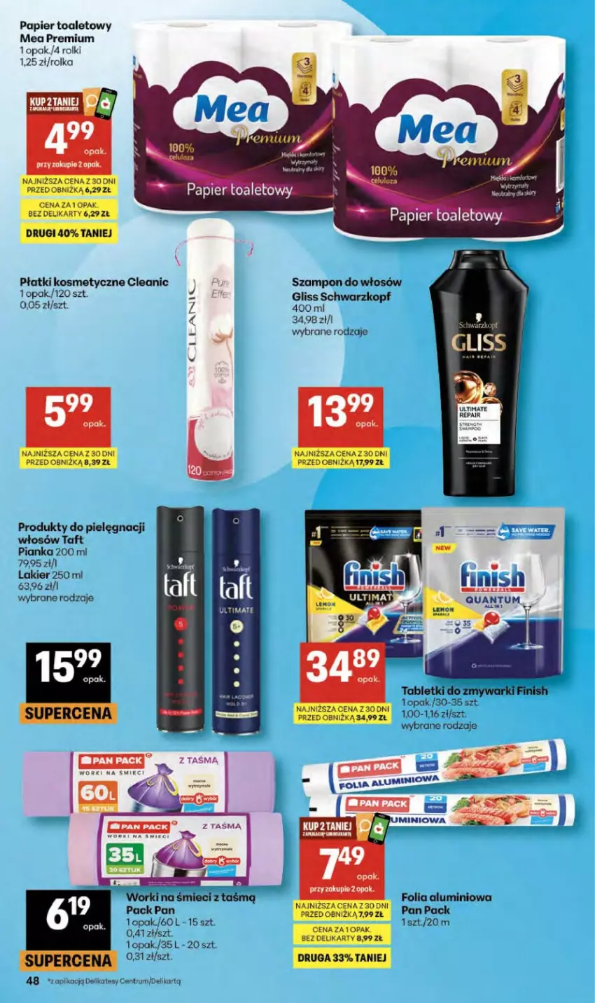 Gazetka promocyjna Delikatesy Centrum - Franczyza DC19 Czwartek - ważna 07.05 do 13.05.2026 - strona 48 - produkty: Cleanic, Fa, Finish, Folia aluminiowa, Lakier, Papier, Papier toaletowy, Płatki kosmetyczne, Rolki, Rum, Schwarzkopf, Szampon, Tablet, Tabletki do zmywarki, Taft, Worki na śmiec, Worki na śmieci, Zmywarki