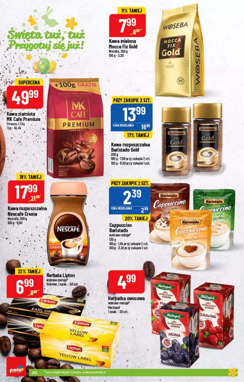 Gazetka promocyjna PoloMarket - Gazetka pomocyjna - ważna 30.03 do 05.04.2022 - strona 40 - produkty: Cappuccino, Herbapol, Kawa, Kawa mielona, Kawa rozpuszczalna, Lipton, Mocca Fix Gold, Olma, Woseba