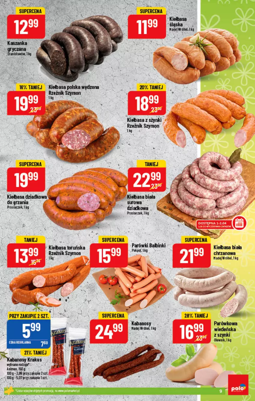 Gazetka promocyjna PoloMarket - Gazetka pomocyjna - ważna 30.03 do 05.04.2022 - strona 9 - produkty: Chrzan, Kabanos, Kiełbasa, Kiełbasa biała, Krakus, Madej Wróbel, Olewnik