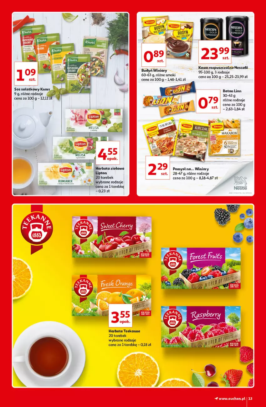 Gazetka promocyjna Auchan - Kultowe marki Hipermarkety - ważna 08.04 do 14.04.2021 - strona 13 - produkty: Baton, Herbata, Kawa, Kawa rozpuszczalna, Knorr, Lion, Rum, Sałat, Sos, Teekanne, Winiary