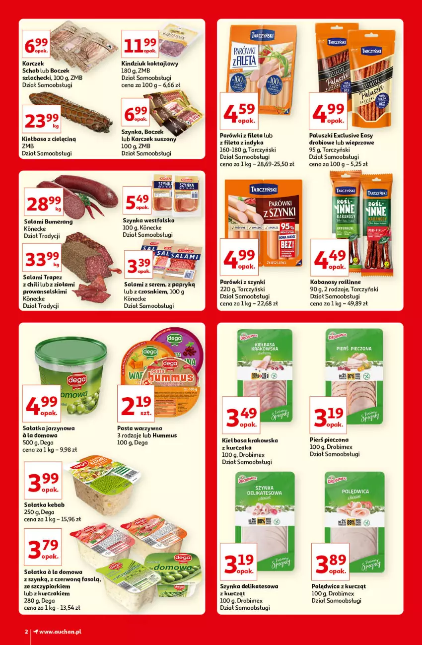 Gazetka promocyjna Auchan - Kultowe marki Hipermarkety - ważna 08.04 do 14.04.2021 - strona 2 - produkty: Boczek, Dega, Drobimex, Fa, Hummus, Kabanos, Kebab, Kiełbasa, Kiełbasa krakowska, Kindziuk, Kurczak, Mus, Parówki, Parówki z szynki, Pasta warzywna, Piec, Polędwica, Salami, Sałat, Sałatka, Ser, Szynka, Szynka delikatesowa, Tarczyński