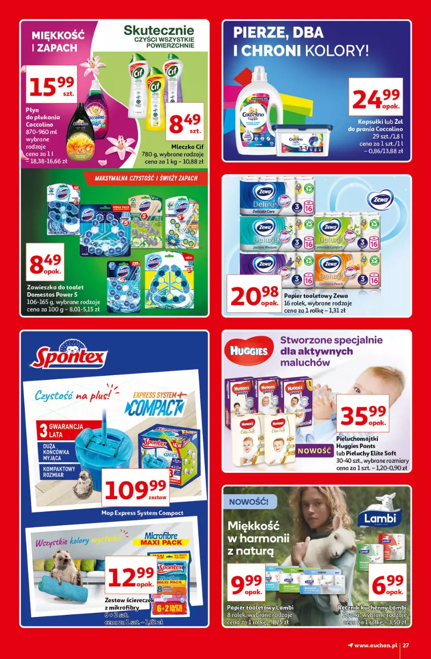 Gazetka promocyjna Auchan - Kultowe marki Hipermarkety - ważna 08.04 do 14.04.2021 - strona 27 - produkty: Cif, Coccolino, Domestos, Fa, Huggies, Kosz, Majtki, Mleczko, Mop, Papier, Papier toaletowy, Pieluchomajtki, Pieluchy